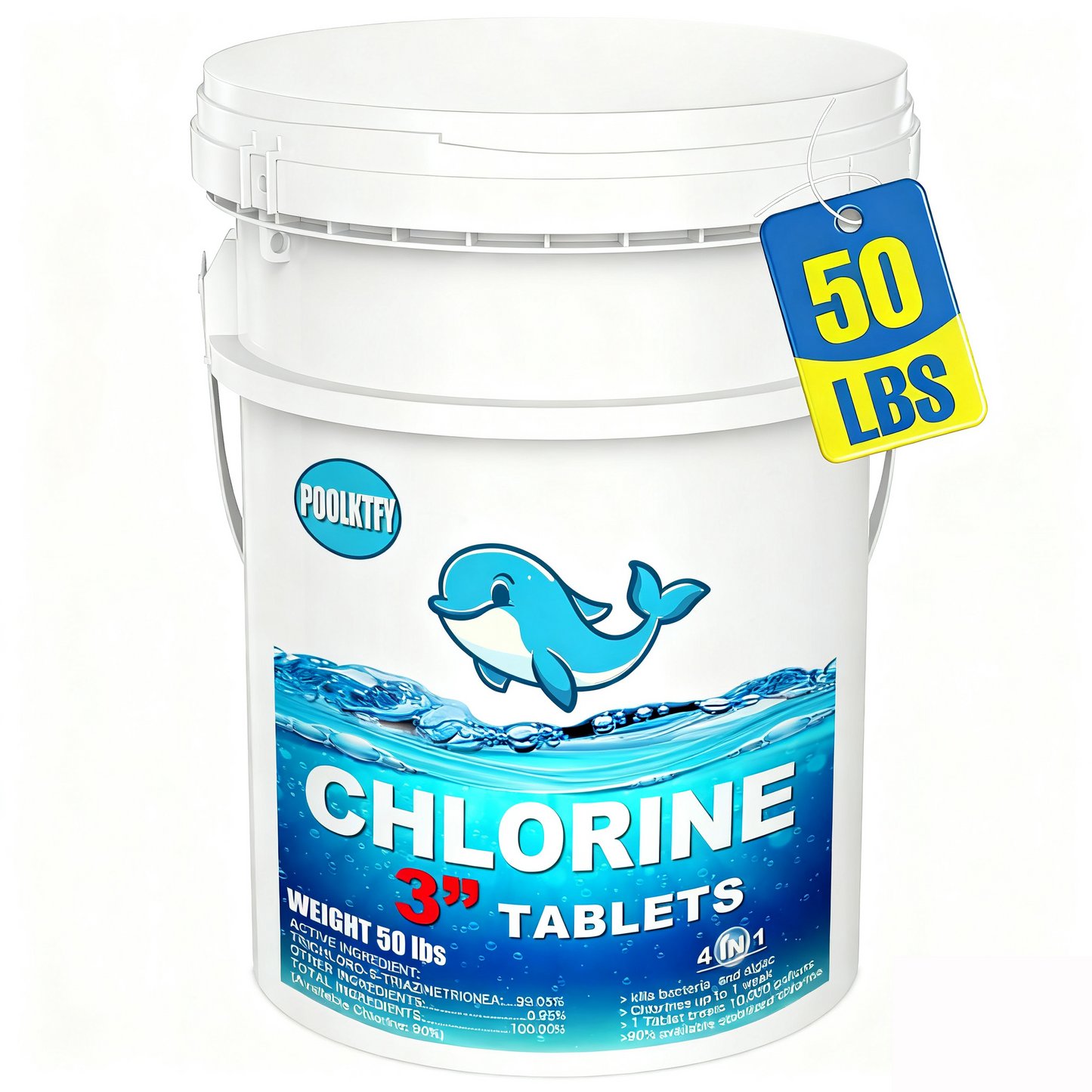 POOLKTFY 50 lbs 3 Inch Stabilized Chlorine Tablets for Sanitizing Swimming Pools, Slow Dissolving 99% available chlorine